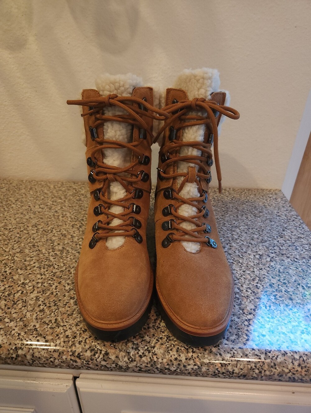 Women’s Tan Suede Lace-Up Shearling Hiking Boots
